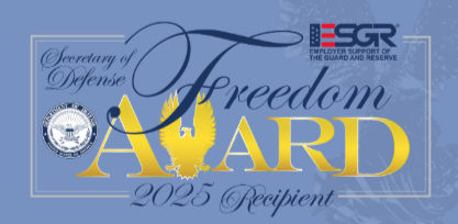 Secretary of Defense Freedom Award 2025 recipient logo with ESGR emblem, gold eagle, and blue background.