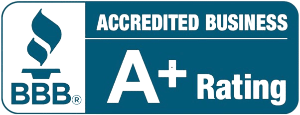 BBB Accredited Business logo with a blue background, the BBB torch symbol, and white text stating 