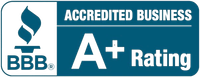 BBB Accredited Business logo with a blue background, the BBB torch symbol, and white text stating