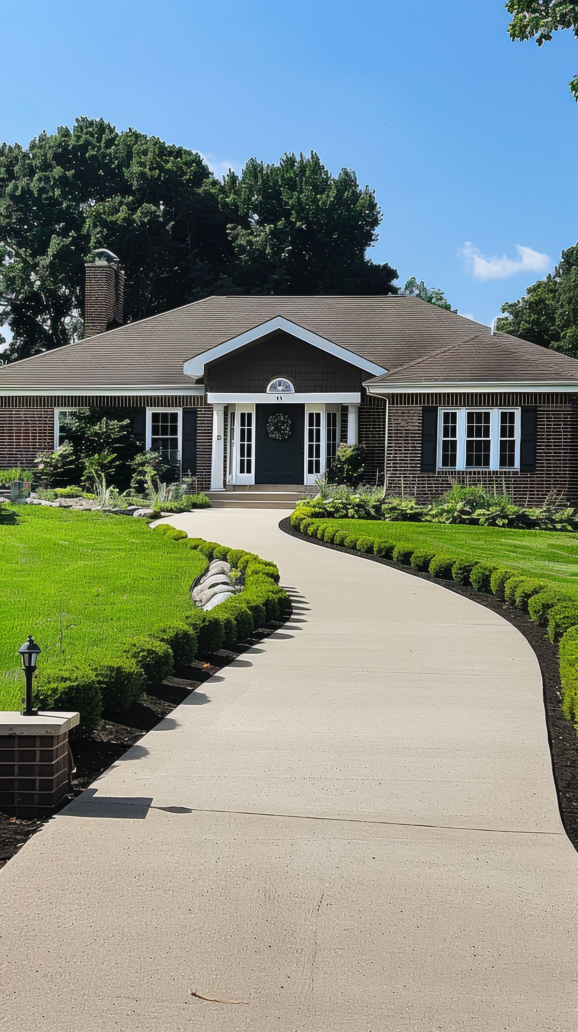A brick house with a dark entry and roof, viewed from a long, curved concrete walkway lined with hedges and green lawn.