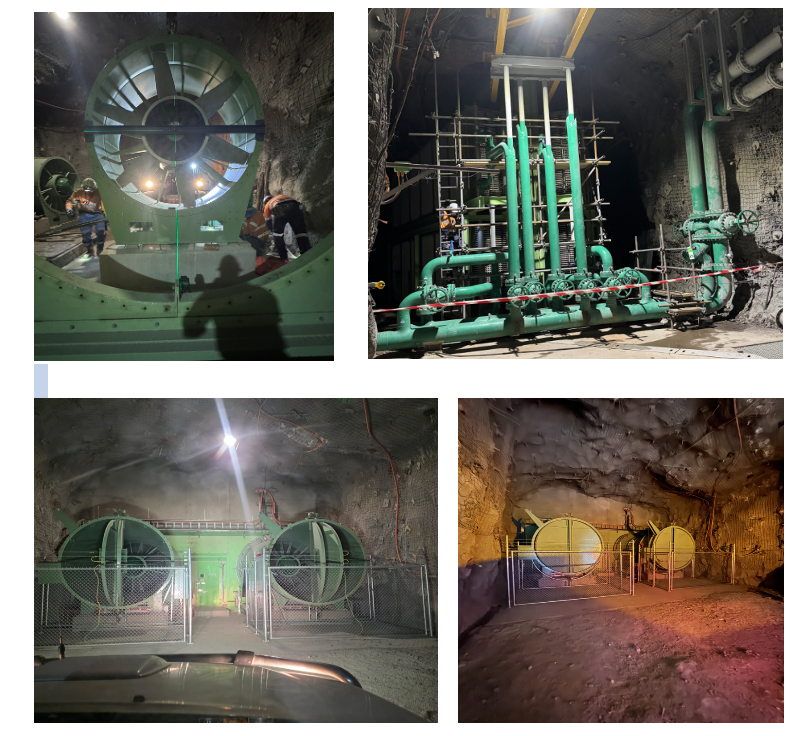 Collage of underground tunnel machinery, pipes, and large fans in a dimly lit industrial cave