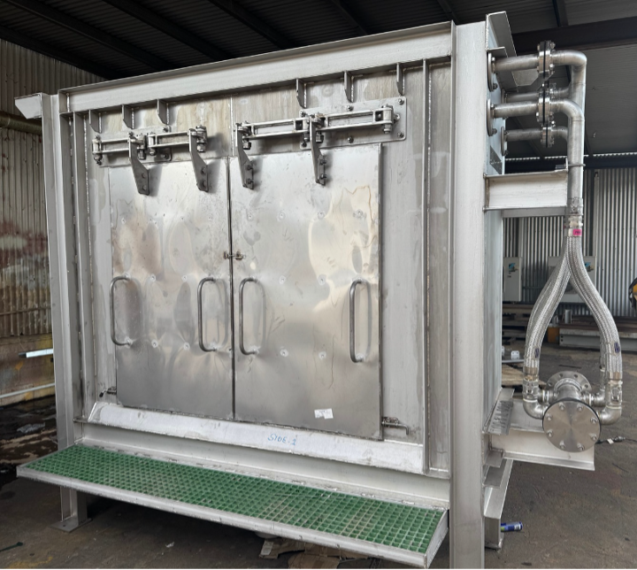 Stainless Steel Industrial Washing Machine With Front Doors, Pipes — Custom Steel Fab in Bohle, QLD