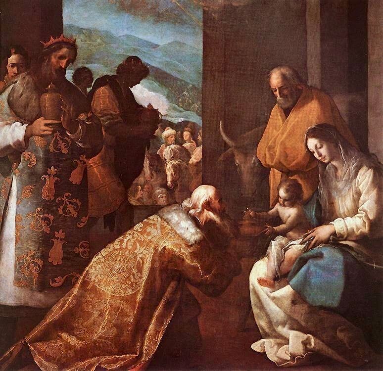 Three figures in ornate robes offer gifts to a seated mother holding an infant, with a standing man looking on nearby.