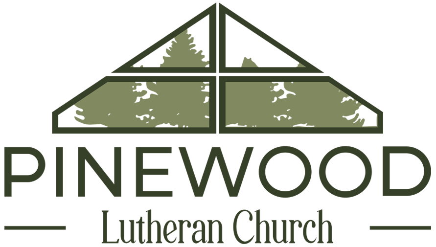 The Pinewood Lutheran Church logo, featuring a stylized, green-tinted triangular window framing pine trees.