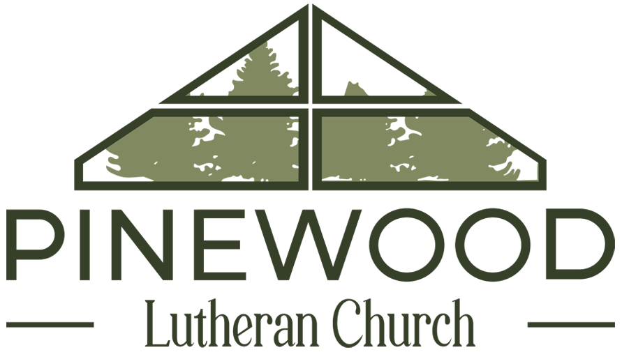 Logo for Pinewood Lutheran Church featuring a stylized, green pine tree-filled triangular window icon above text.