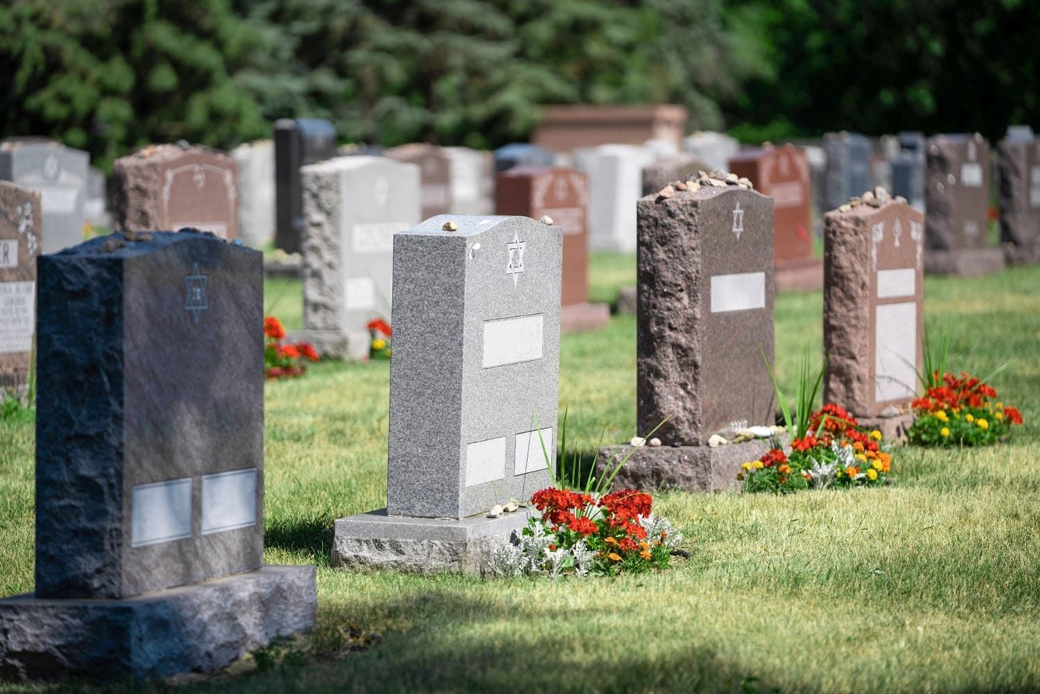 Row of gravestones with flowers in a cemetery, including black, gray, and brown headstones