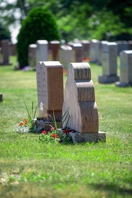 Gravestones in a grassy cemetery with flowers, sunlight, and trees in the background