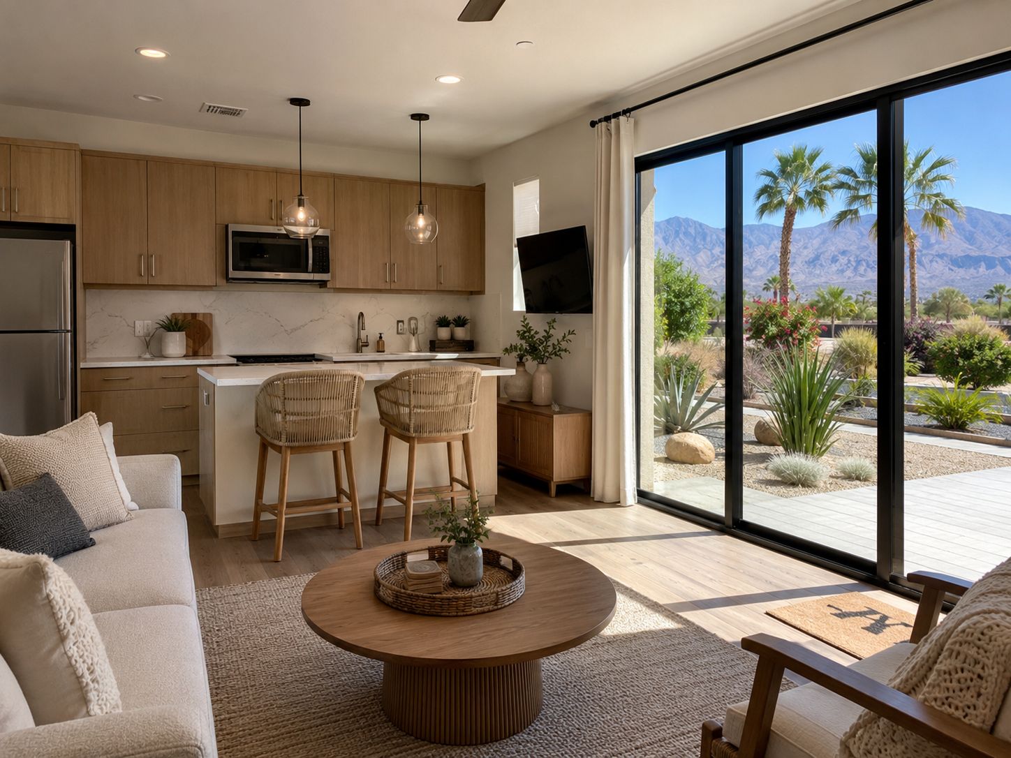 Bright living room with sliding glass doors, a gray sofa, blue chair, and patterned rug overlooking a garden.