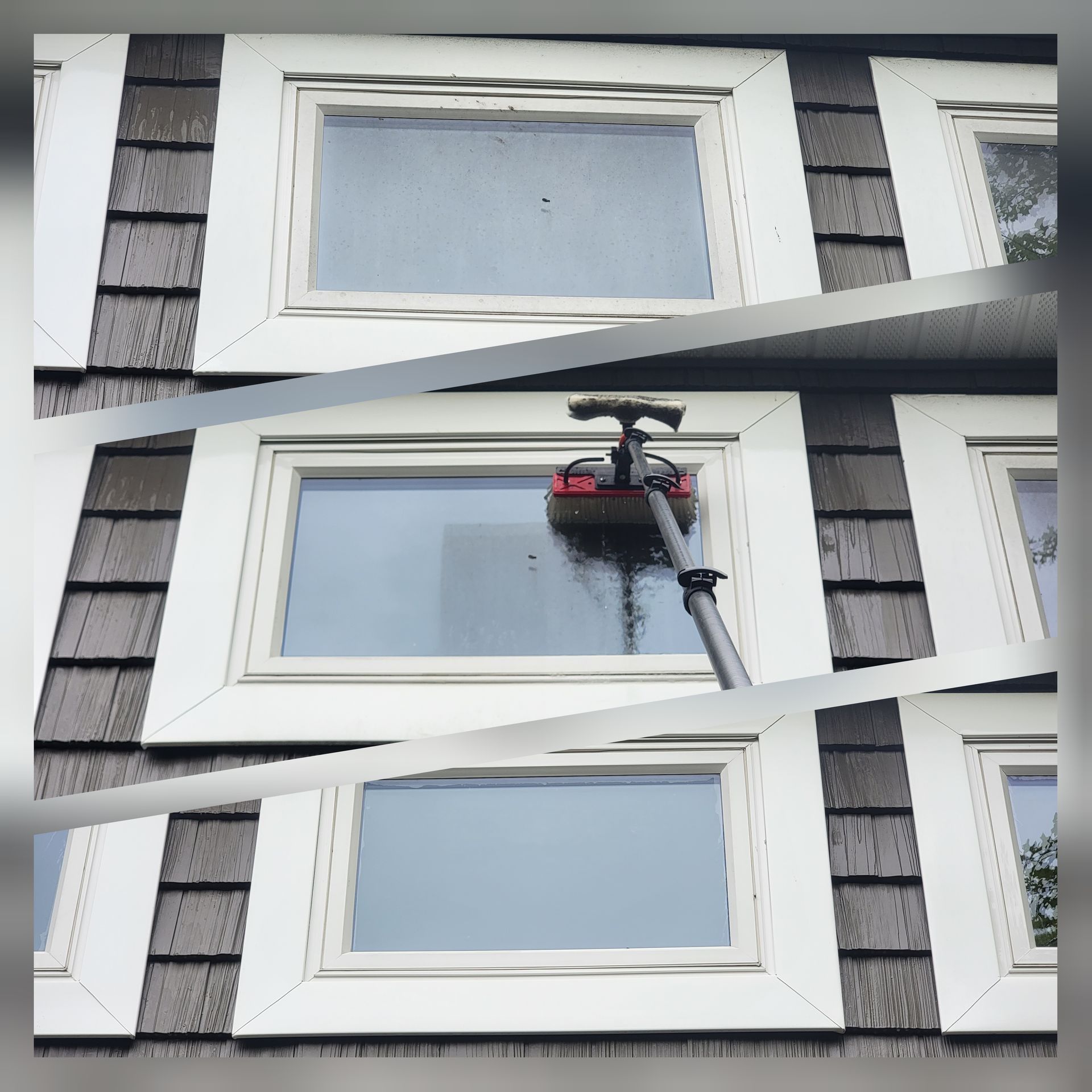 A window cleaner is cleaning a window on a house