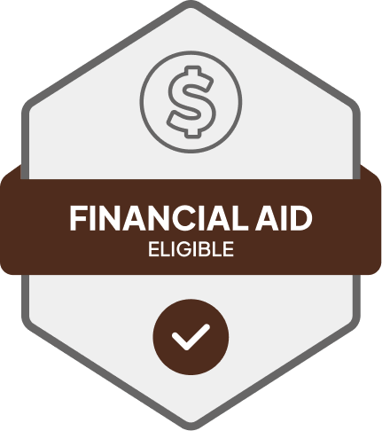 Badge: Financial Aid Eligible, blue banner, building icon, dollar sign.