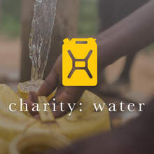 Person filling yellow water container; charity: water logo.