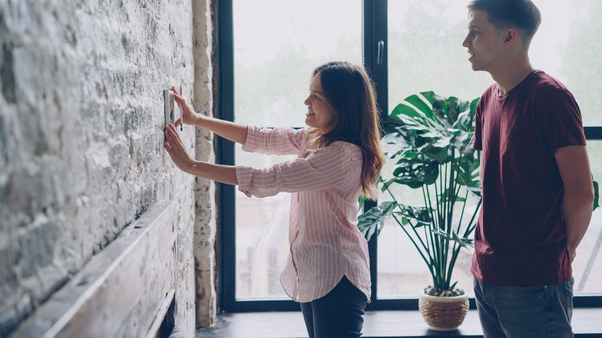 Two people measuring a wall with a tape measure in a bright room near a window and potted plant