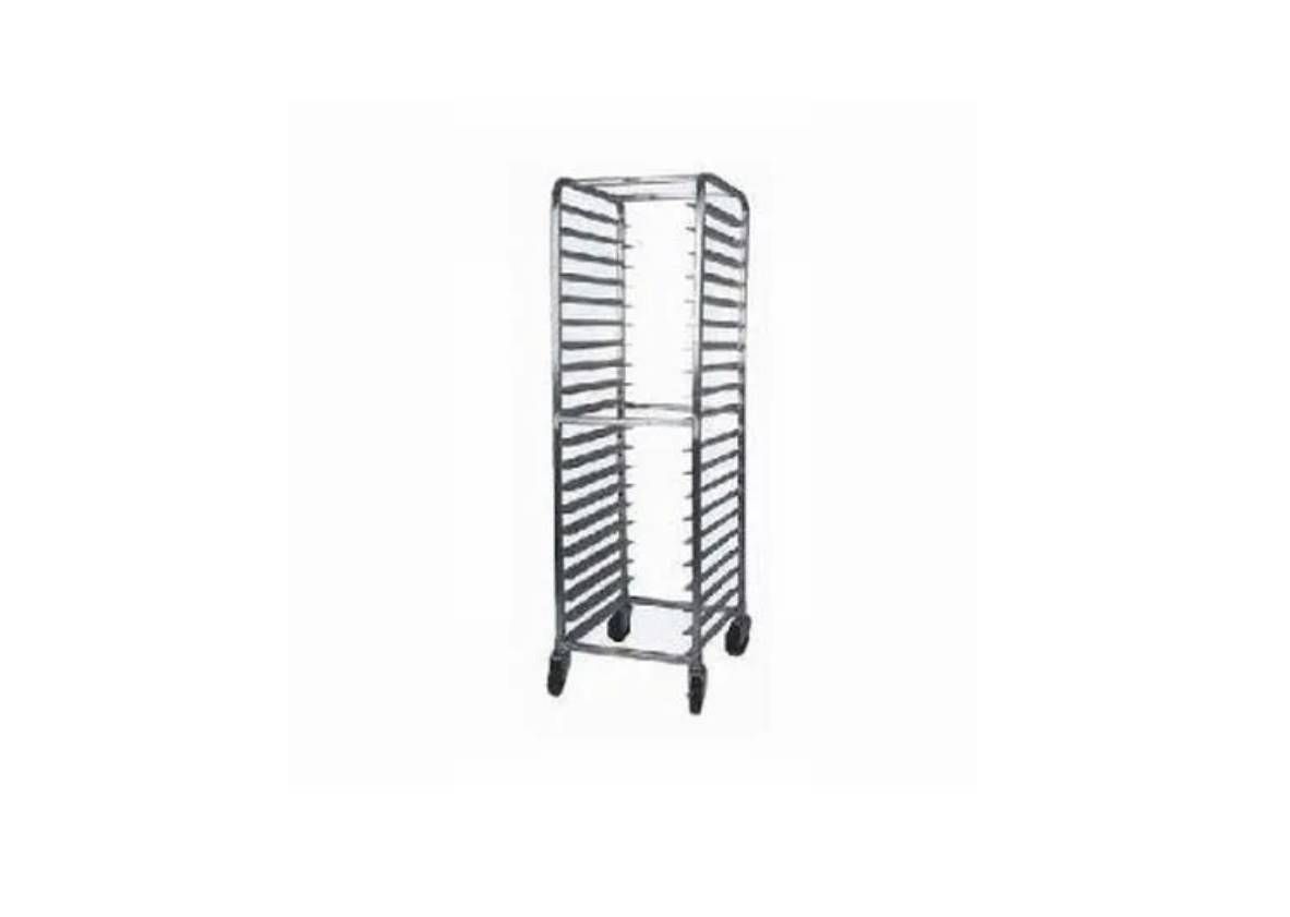 A stainless steel commercial food service rolling rack with multiple tray slots on four wheels against a white background.
