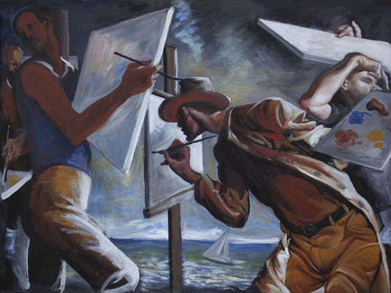 A painting of a man painting on a canvas