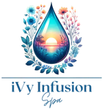 IVy Infusion Spa logo with teal and pink floral teardrop and sunset over water