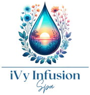 IVy Infusion Spa logo with teal and pink floral teardrop and sunset over water