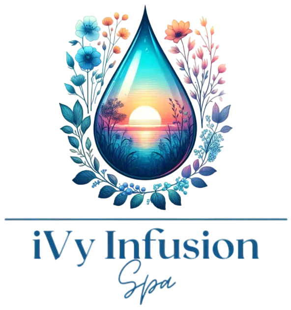 IVy Infusion Spa logo with teal and pink floral teardrop and sunset over water