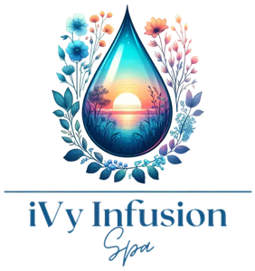 IVy Infusion Spa logo with a blue-teal droplet, sunset, and floral wreath