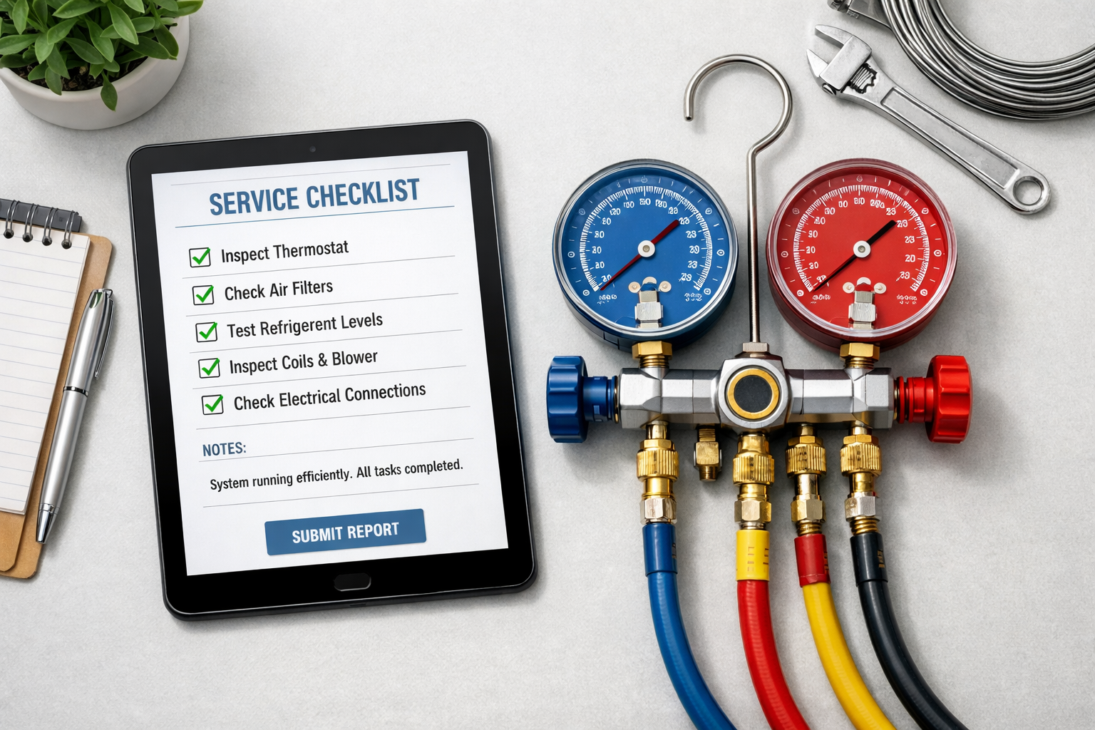 A tablet displaying an HVAC service checklist next to a manifold gauge set, a wrench, and a plant on a white surface.