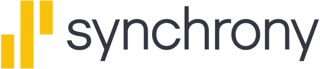 Synchrony logo in gray and yellow with two vertical bars icon