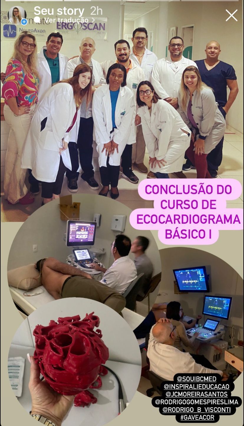 Profissionais da área médica em um curso de ecocardiografia; exames de pacientes com ultrassom.