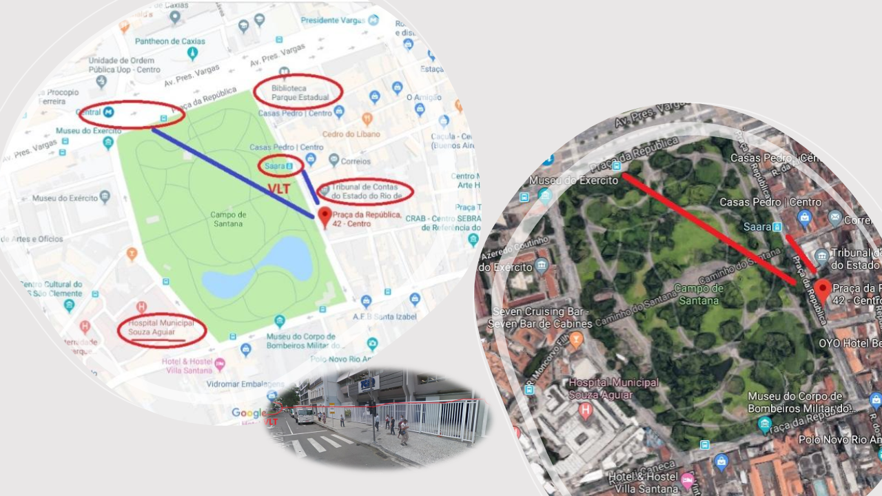 Mapas de um parque, indicando os caminhos entre os locais, com uma vista da rua abaixo.