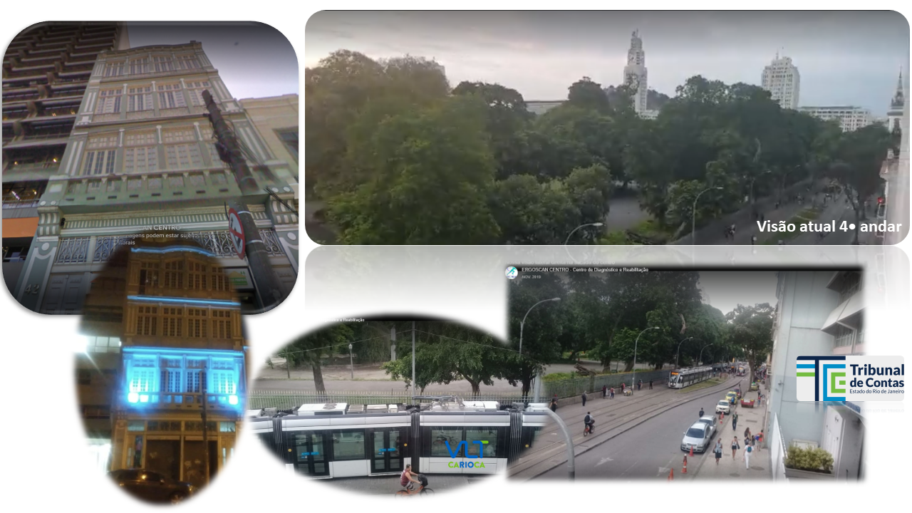 Coleção de imagens da cidade: prédio, parque com árvores, ônibus, rua com pedestres.