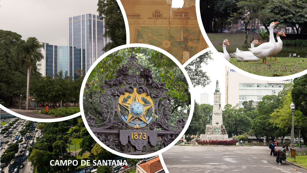 Colagem do Campo de Santana no Rio de Janeiro: prédios, parque com gansos e portão de ferro decorativo.