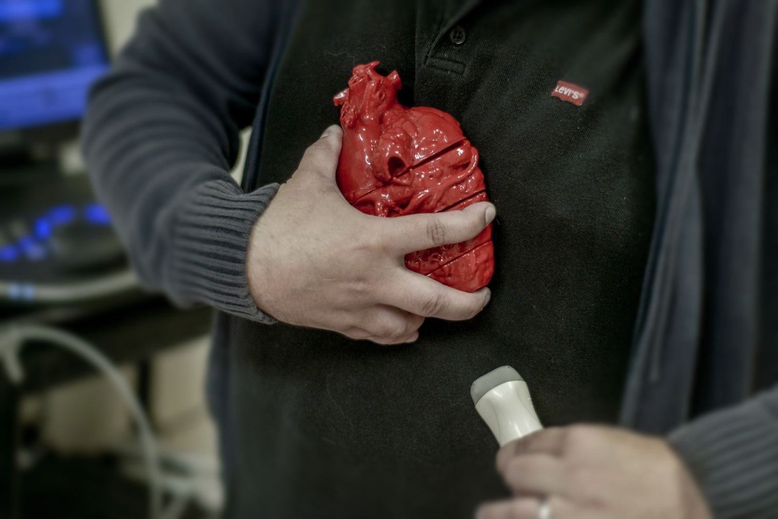 Pessoa segurando um modelo de coração vermelho, possivelmente para demonstração médica, com a sonda de ultrassom à vista.