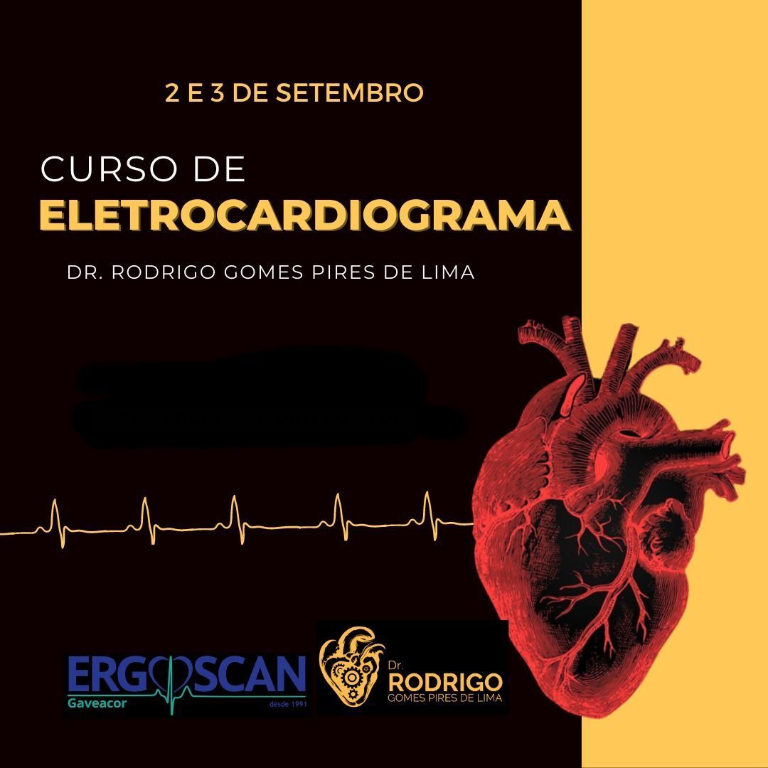 Curso sobre eletrocardiograma com datas, nome do médico, gráfico do coração e logotipos.