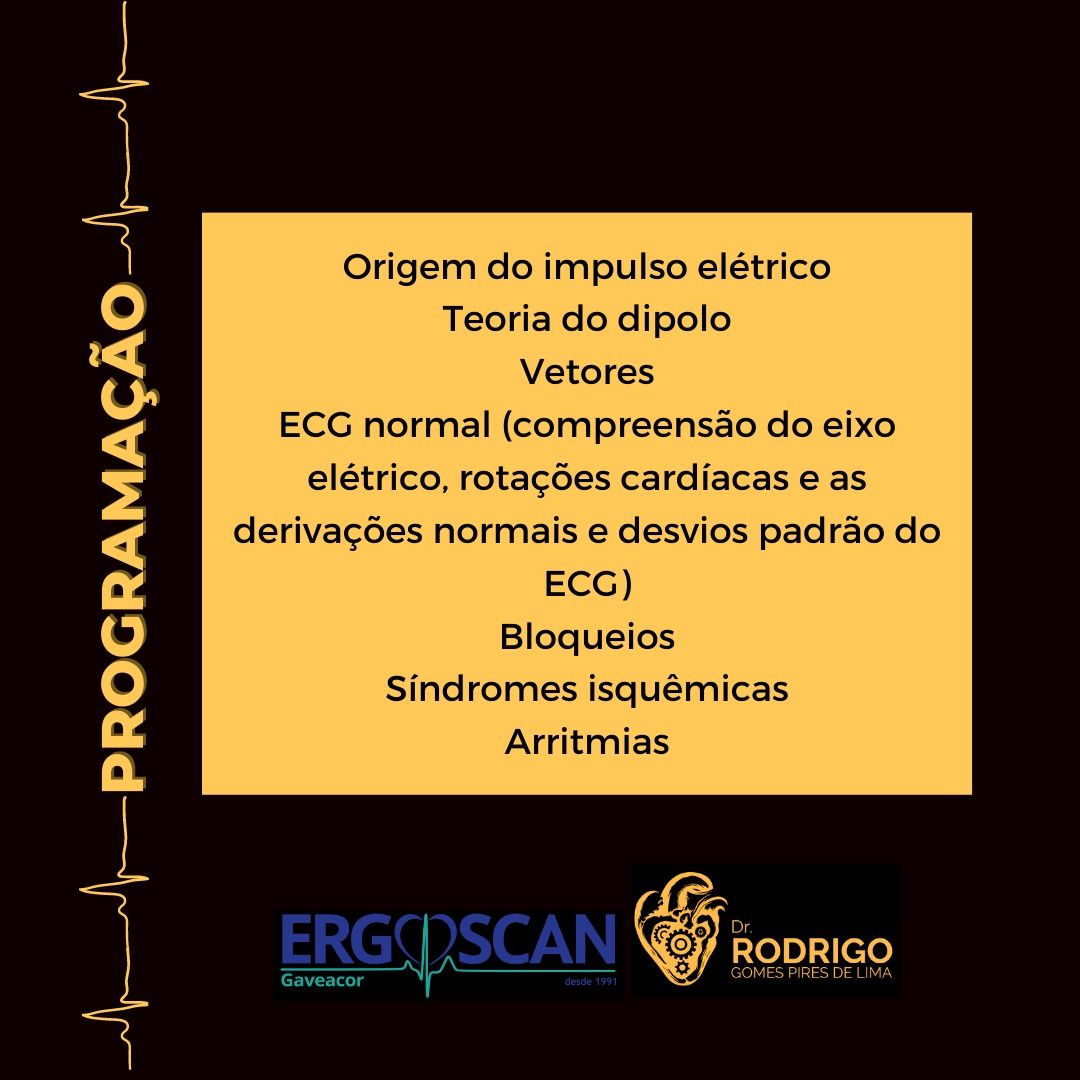 Um gráfico com texto sobre impulsos elétricos, ECG e doenças cardíacas. Inclui os logotipos da Ergoscan e da Rodrigo.
