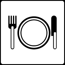 Placa quadrada branca com um garfo, um prato e uma faca, indicando um restaurante.