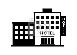 Ilustração em preto e branco de um prédio de hotel com uma placa que diz