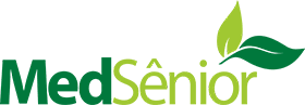 Logotipo da MedSênior com texto e folhas em tons de verde e verde claro.