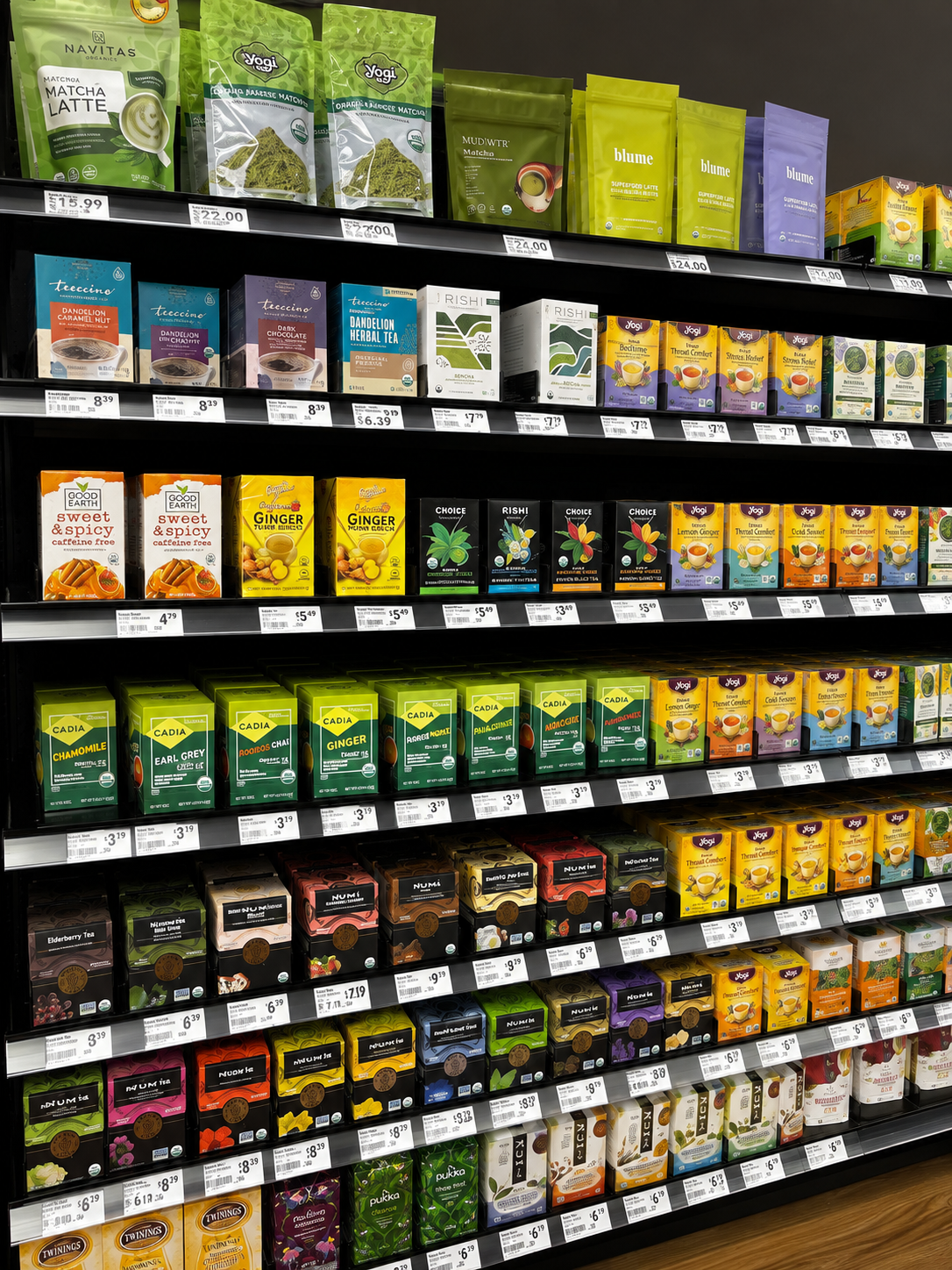 Store shelf stocked with assorted colorful packaged tea or snack products in neat rows