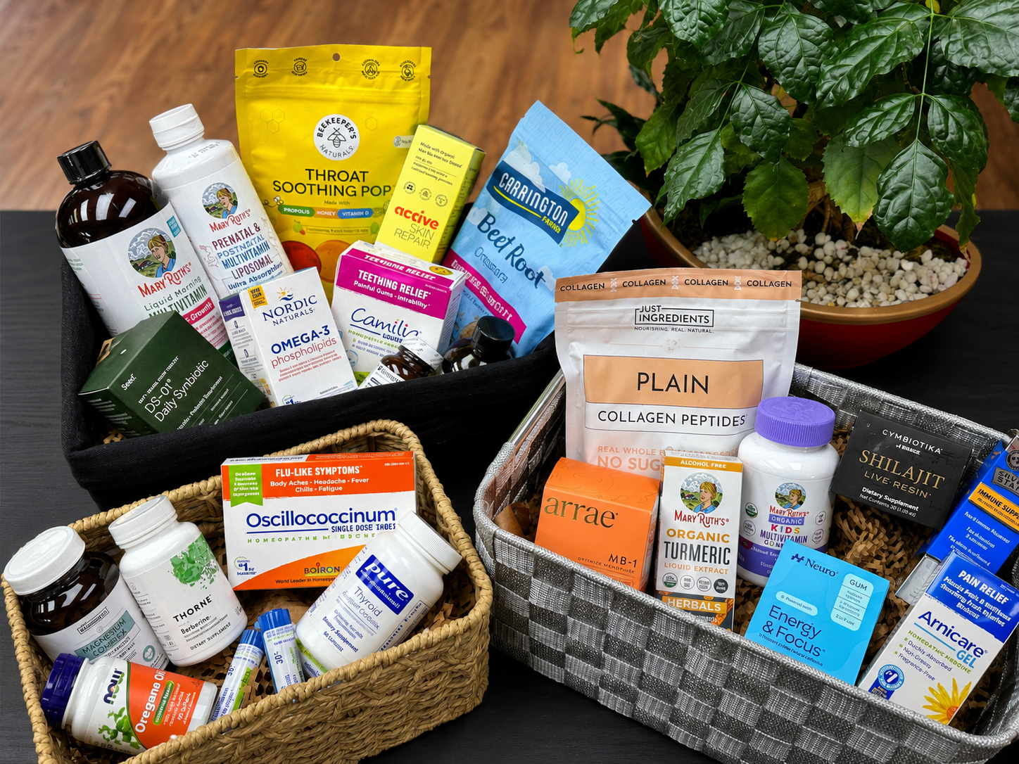 Assorted personal care and household products arranged in baskets on a table.