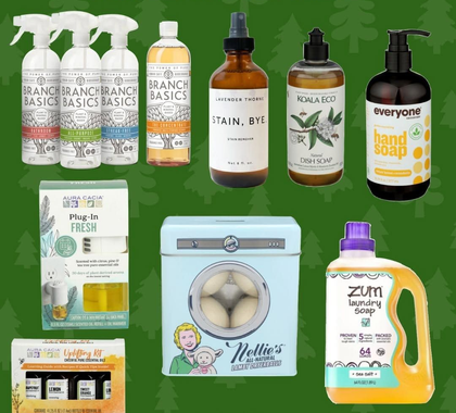 Assorted natural cleaning and household products arranged on a green background.