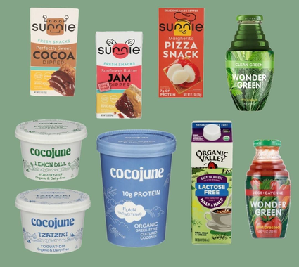 Assorted colorful snack and drink packages on a green background, including cocojune, Wonder Green, and Sunnie.