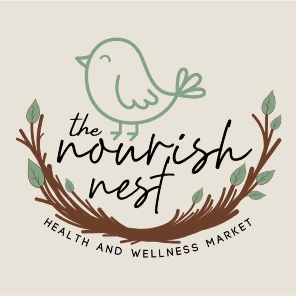 Logo for The Nourish Nest Health and Wellness Market with a green bird and leafy wreath on a beige background