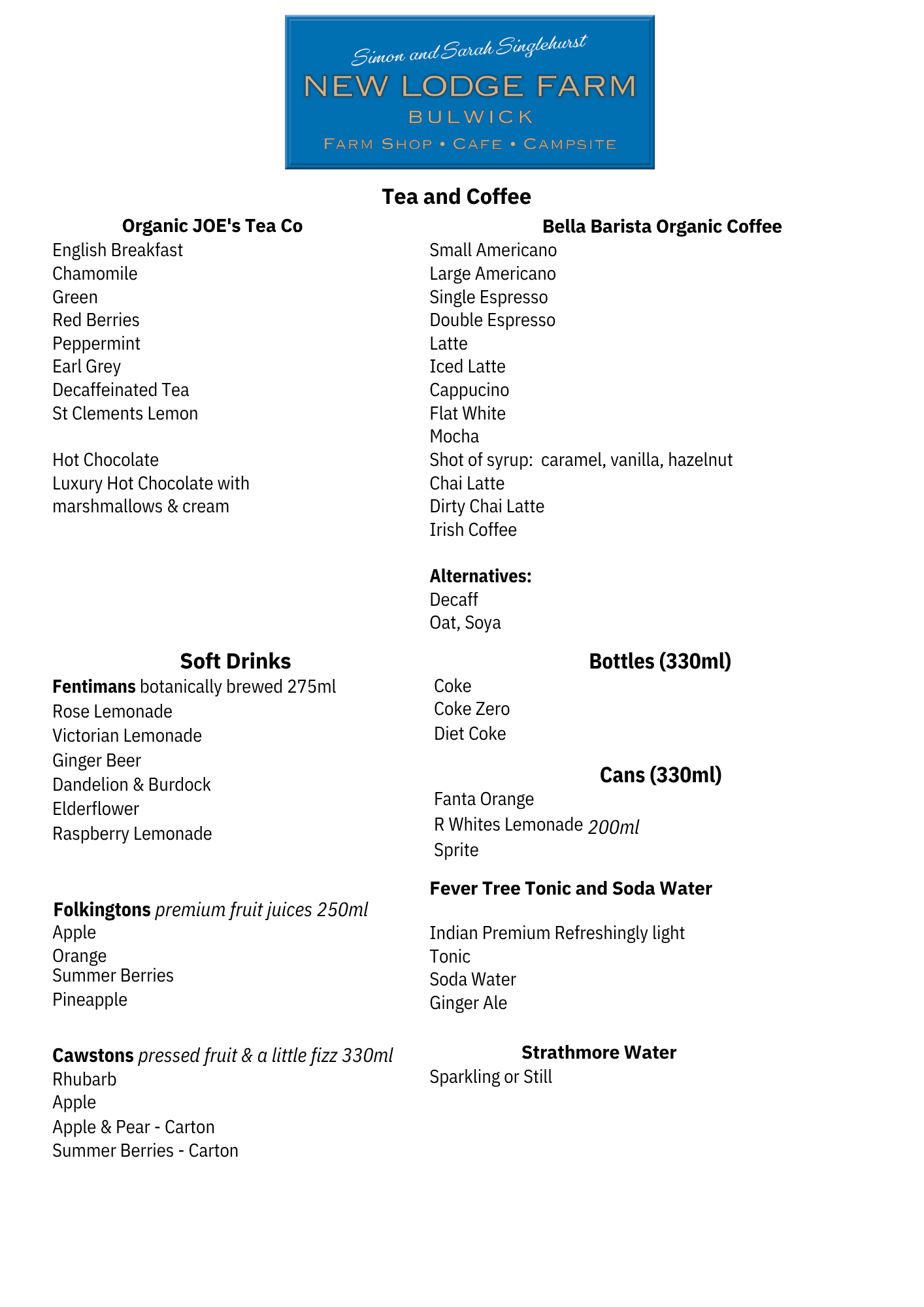 New Lodge Farm's Beveridge Menu