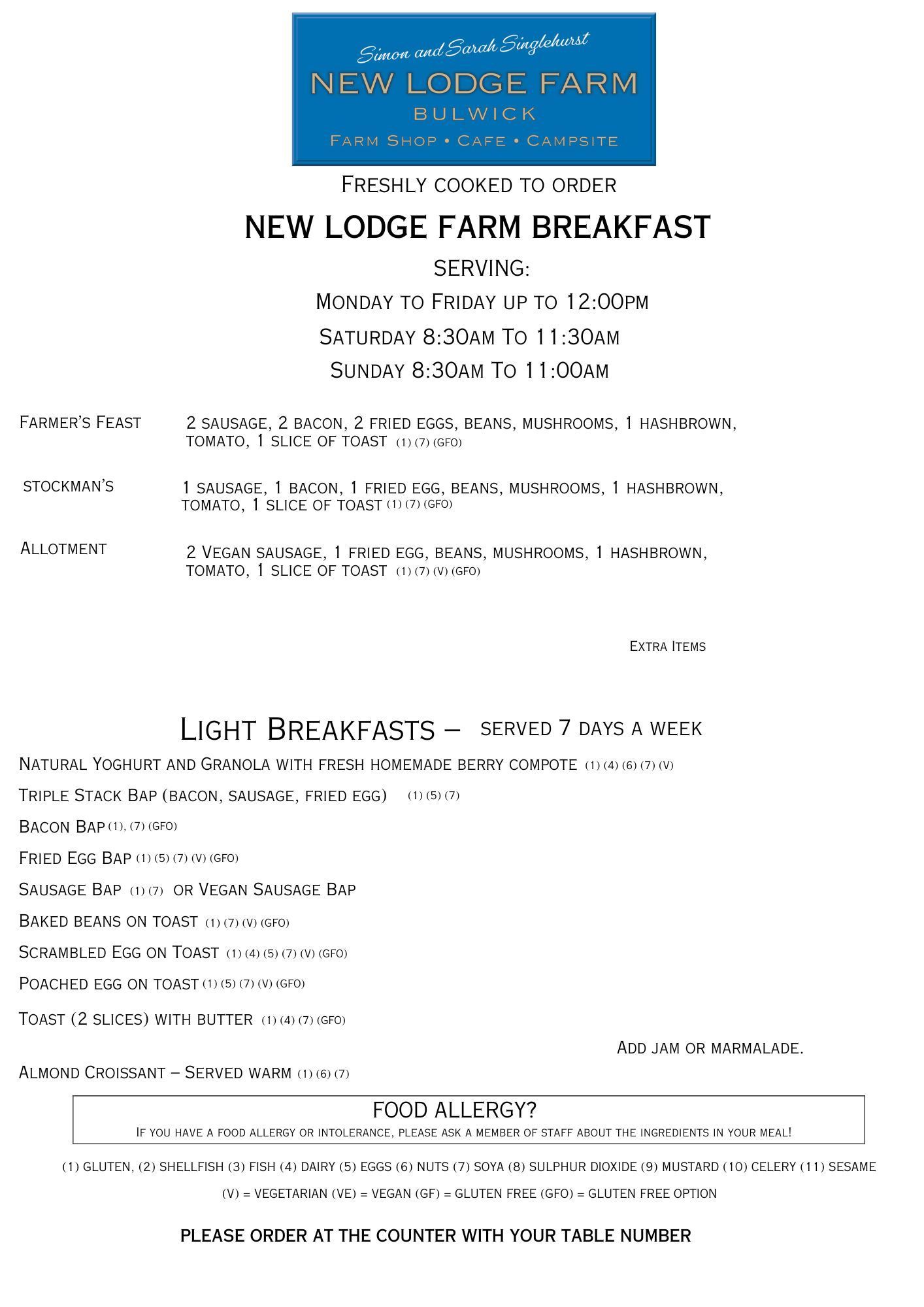Weekend Breakfast New Lodge Farm's Breakfast Menu