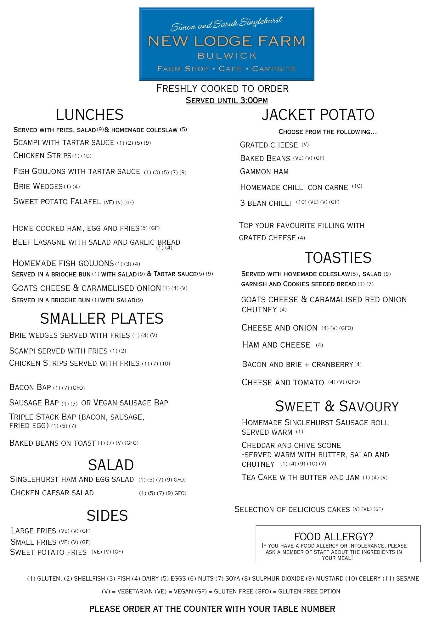 New Lodge Farm's Lunch Menu