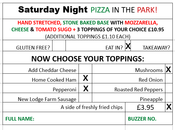 New Lodge Farm Pizza Order Card