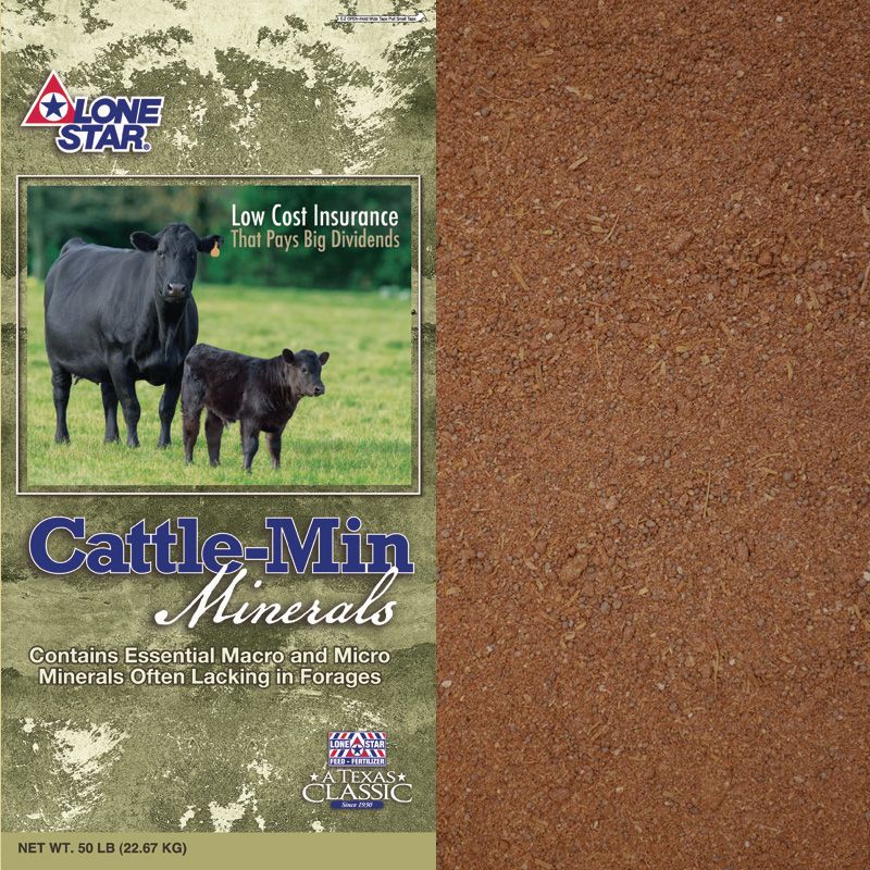 Brown grainy feed bag labeled “Cattle-Mix Minerals” with a cow and calf photo and Lone Star logo