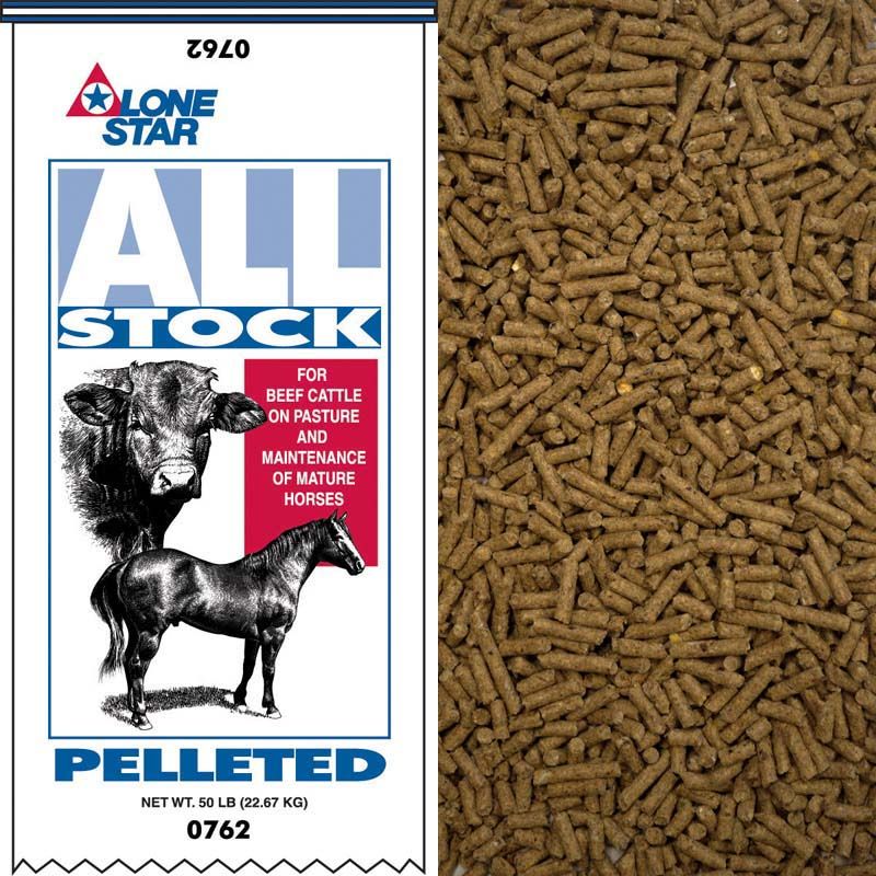 Lone Star All Stock pelleted horse feed bag with black horse image beside brown feed pellets.