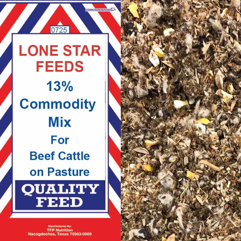 Lone Star Feeds 13% commodity mix for beef cattle on pasture, shown beside feed close-up.