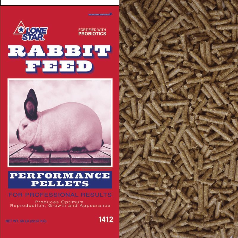 Red rabbit feed bag beside loose brown rabbit pellets on a matching surface