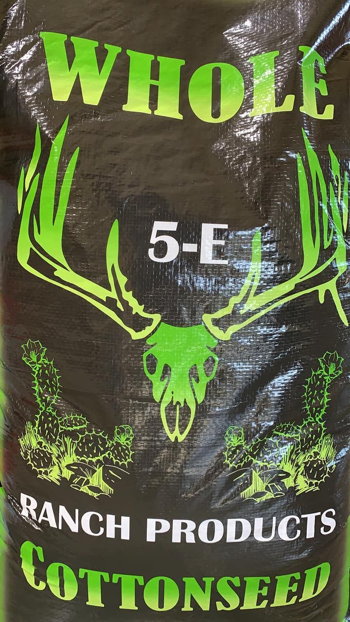 Whole Ranch Products cottonseed bag with green deer skull logo and “5-E” text on dark background