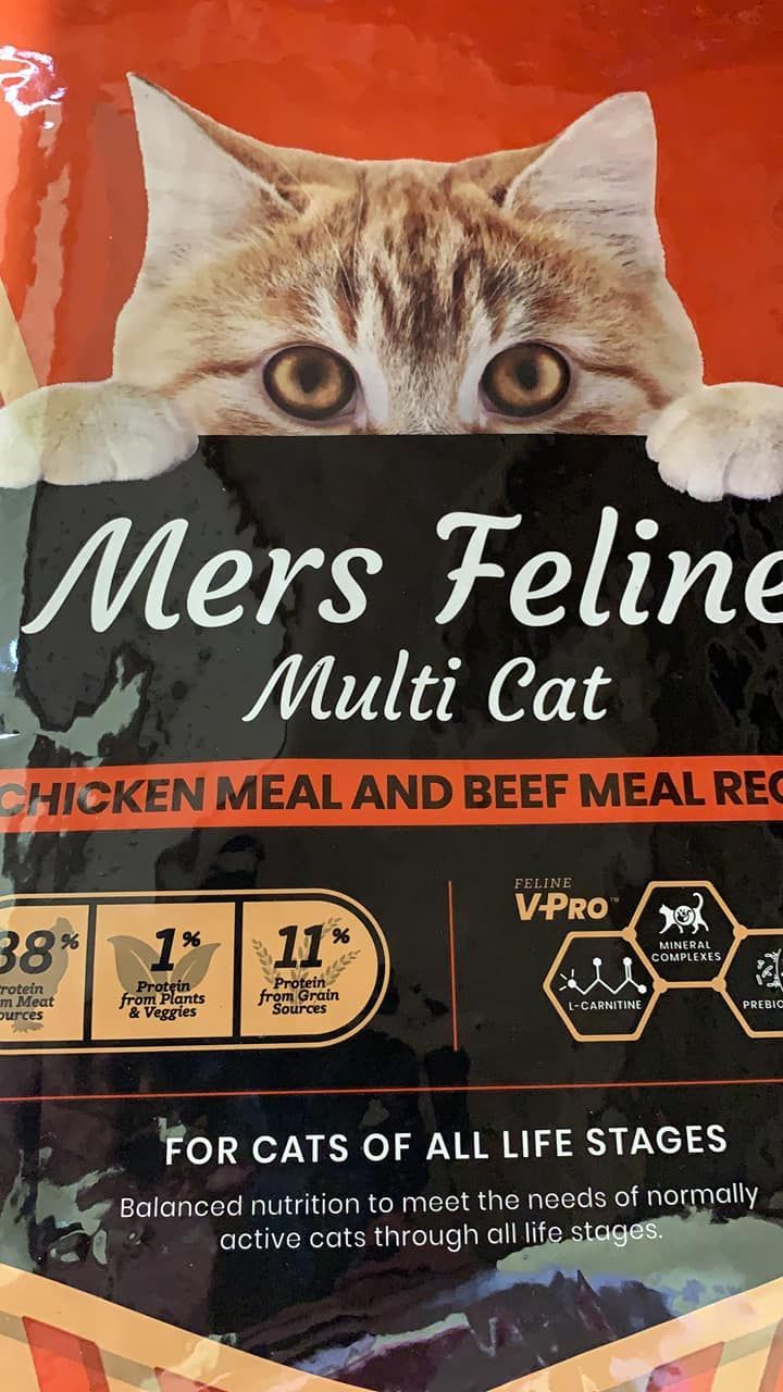 Mers Feline Multi Cat chicken and beef meal cat food bag with a cat face on orange packaging