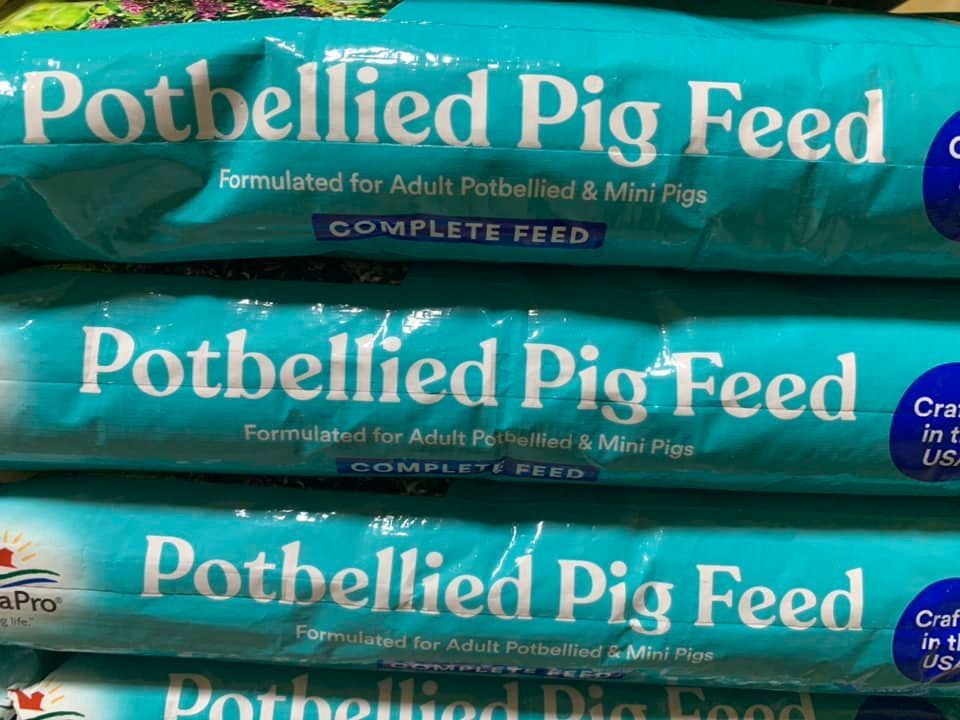 Stacked teal bags of Potbellied Pig Feed with white lettering and a pink pig graphic.